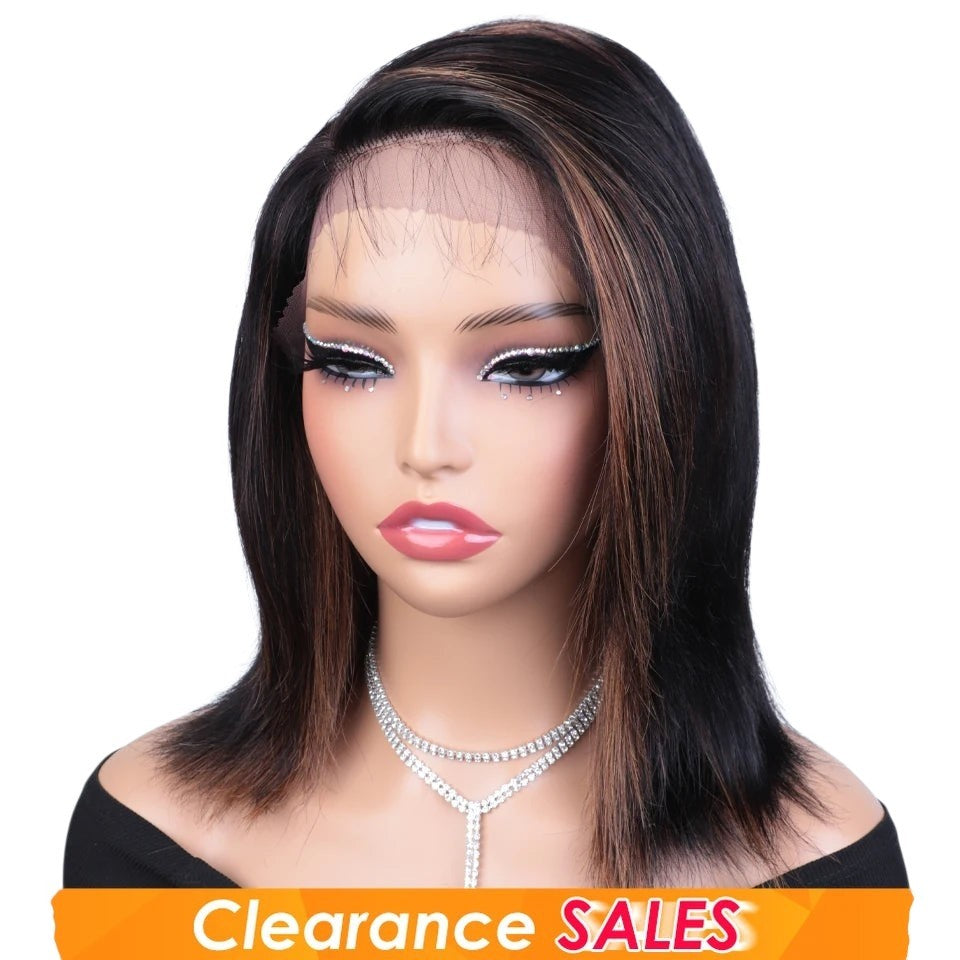 RitzWigs straight bob lace front wig with natural dark hair and subtle brown highlights on a mannequin head.