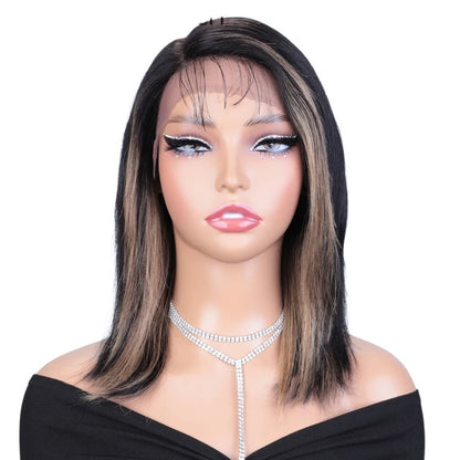 RitzWigs straight bob human hair lace front wig with blonde highlights on a mannequin head