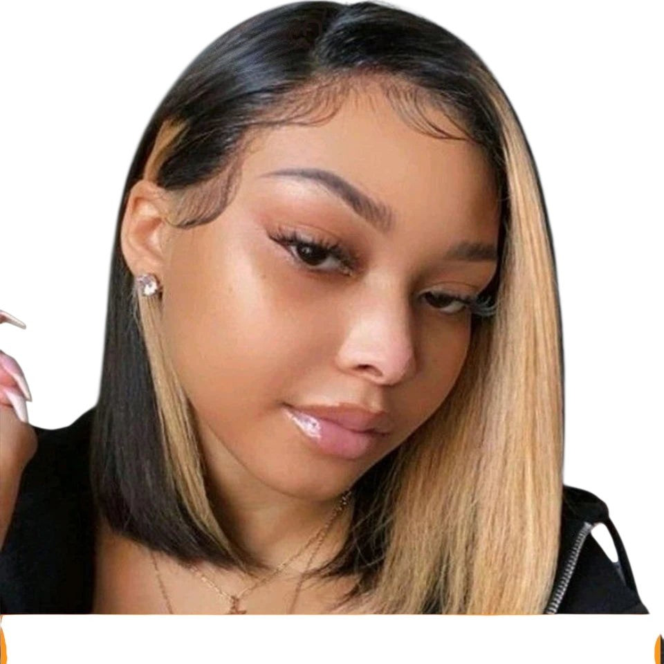 RitzWigs bone straight human hair bob wig with a side part and two-tone blonde and black colour on a model