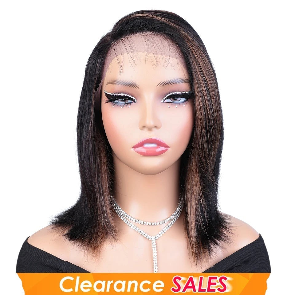RitzWigs straight bob human hair lace front wig with side part and natural highlights on a mannequin head