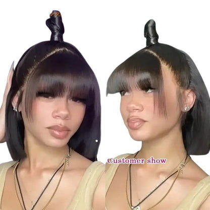 RitzWigs 10-inch straight human hair bob wig with bangs and transparent Swiss lace on a model