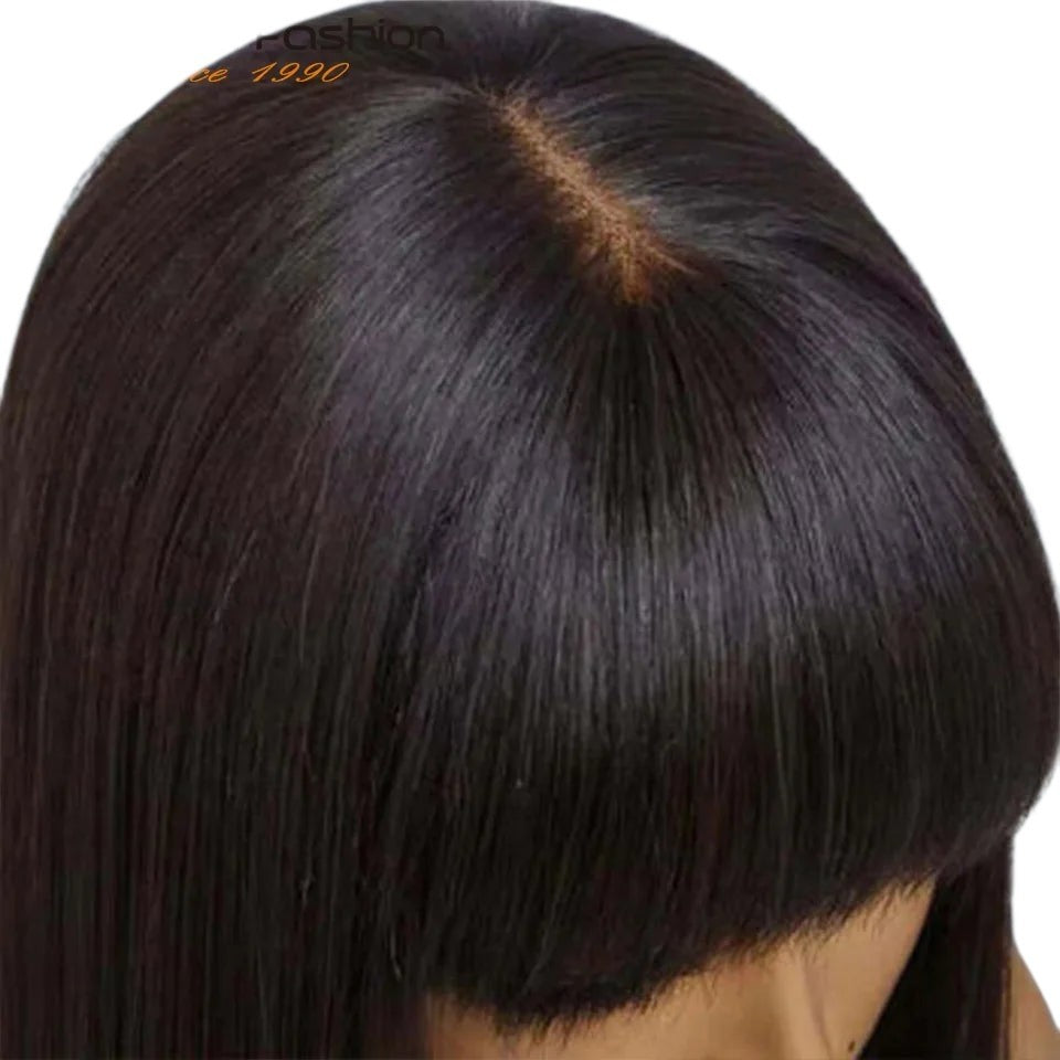 RitzWigs Brazilian human hair bob wig with bangs and a realistic middle part scalp finish