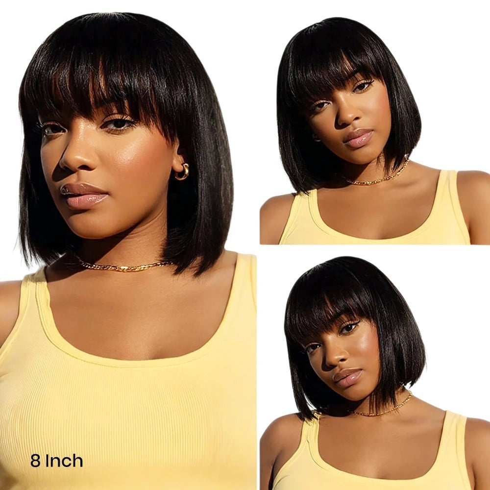 RitzWigs 8-inch straight human hair bob wig with bangs worn by a model in a yellow tank top