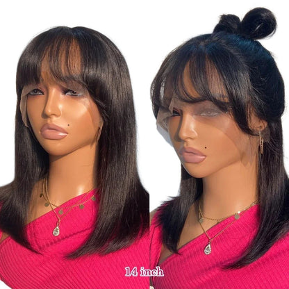 RitzWigs straight human hair bob wig with bangs on a mannequin, featuring transparent Swiss lace and 14-inch length.