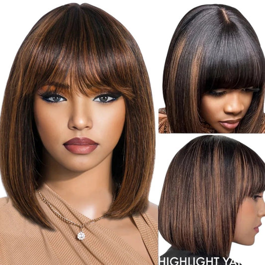 RitzWigs short straight bob human hair wig with bangs and brown highlights on a mannequin