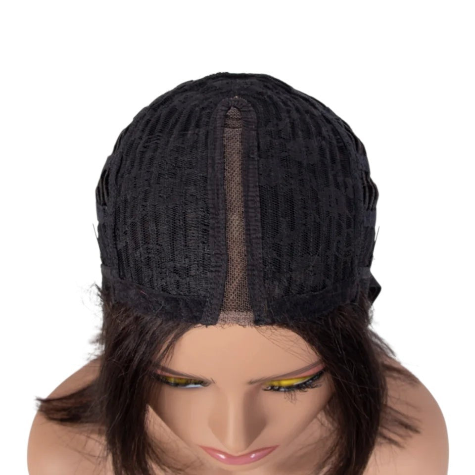 RitzWigs Brazilian straight human hair bob wig cap construction with Swiss lace part on a mannequin head