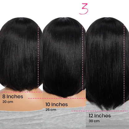 RitzWigs straight human hair bob wig shown in 8, 10, and 12-inch lengths for comparison on a mannequin back view