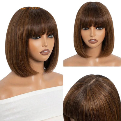 RitzWigs straight brown bob human hair wig with bangs on a mannequin head, showing front and top views.