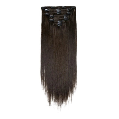 RitzWigs straight brown human hair clip-in extensions, 20-inch set with secure clips for added volume and length.