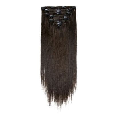 RitzWigs straight brown human hair clip-in extensions set with secure clips on a white background.