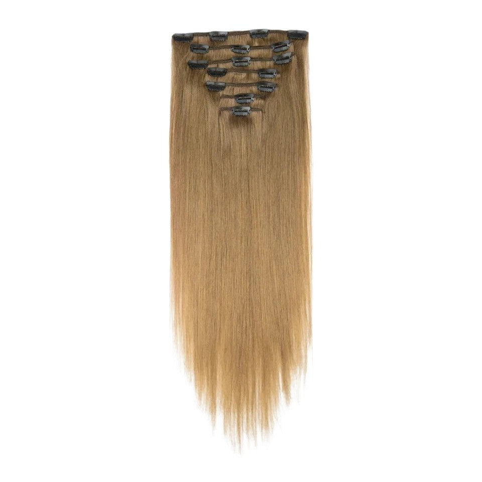 RitzWigs straight light brown human hair clip-in extensions with secure clips for added volume and length.
