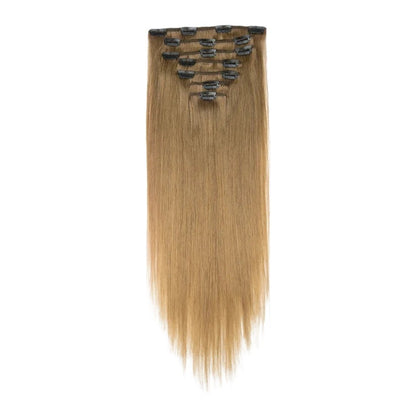 RitzWigs straight light brown human hair clip-in extensions with secure clips for added volume and length.