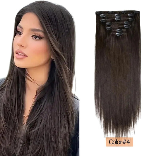 RitzWigs straight brown clip-in hair extensions shown on a model and as a set with clips for added volume and length.