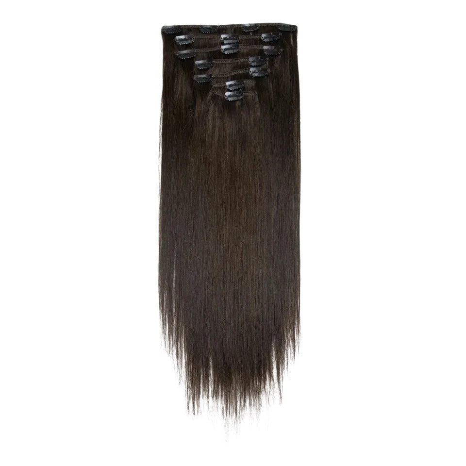 RitzWigs straight brown human hair clip-in extensions with double weft design for full head coverage.