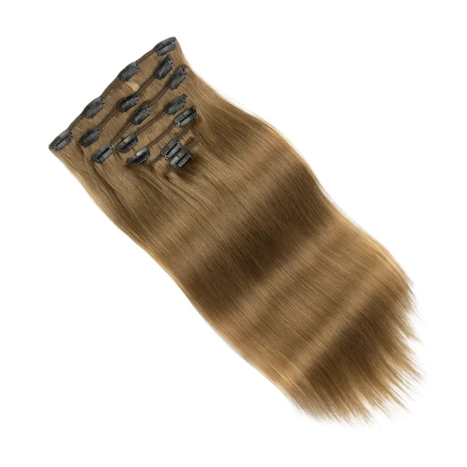 RitzWigs straight human hair extensions in light brown #8, 20-inch 7-piece set with secure clips for added volume