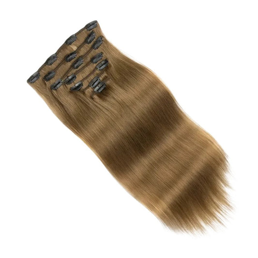 RitzWigs straight human hair extensions in light brown #8, 20-inch 7-piece set with secure clips for added volume