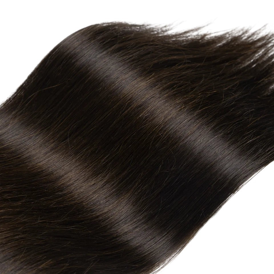 RitzWigs straight human hair extensions in a natural dark brown shade for a smooth and silky finish.