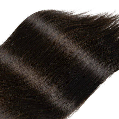 RitzWigs straight human hair extensions in a natural dark brown shade with a smooth, silky texture.