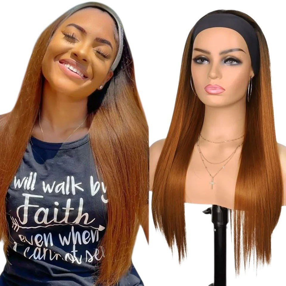 RitzWigs straight brown ombre human hair headband wig worn by a smiling woman and displayed on a mannequin head.