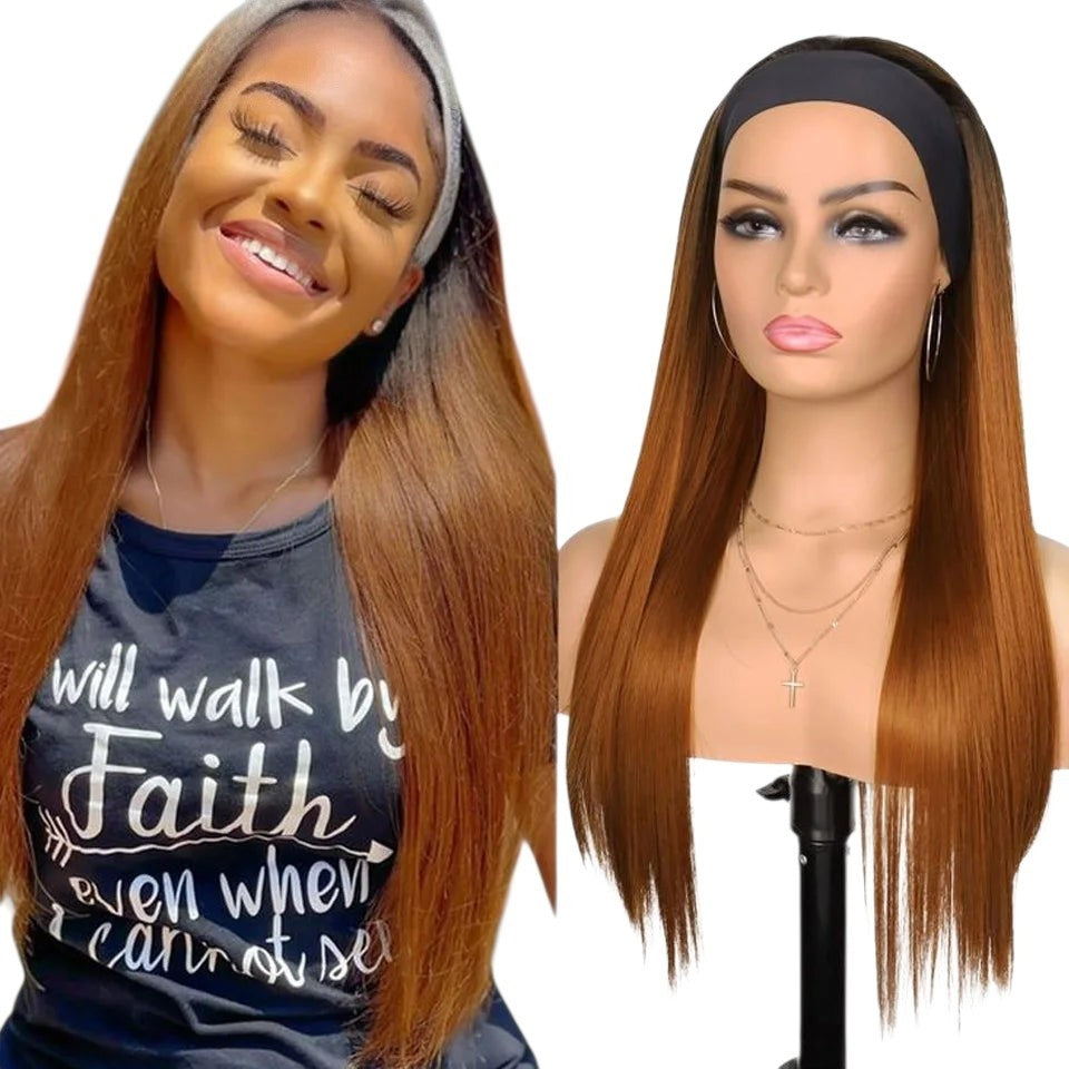 RitzWigs straight brown ombre headband wig on a model and mannequin, featuring silky human hair for a natural look.