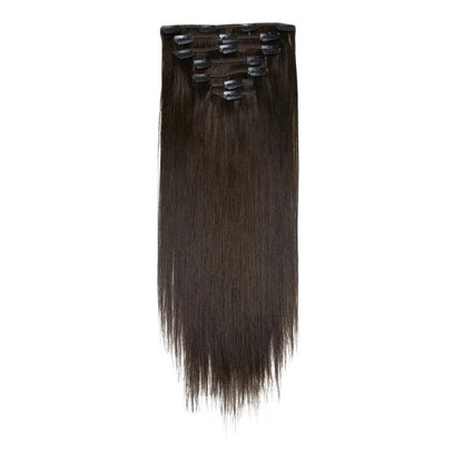 RitzWigs straight clip-in human hair extensions in dark brown colour #4, 7-piece set for full head volume.