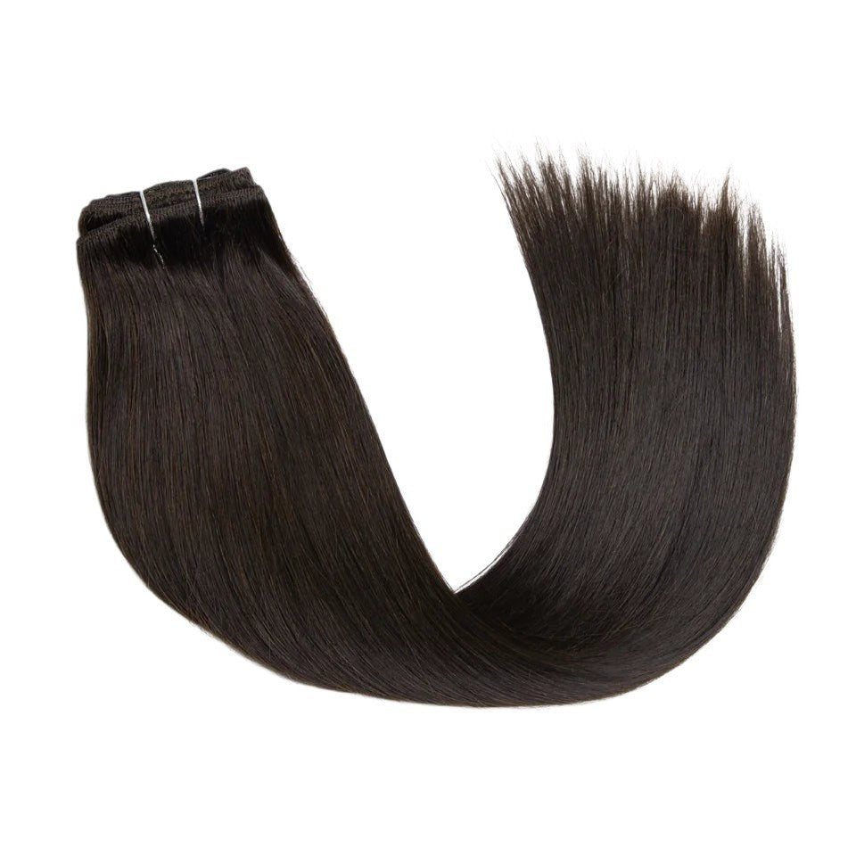 RitzWigs straight dark brown human hair clip-in extensions set on a white background.