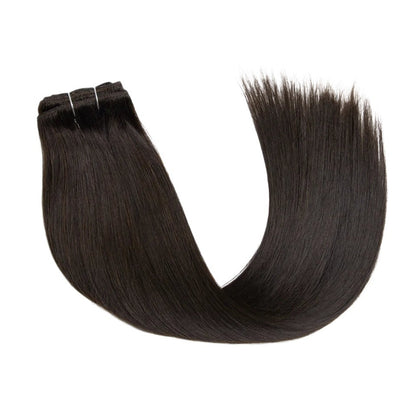 RitzWigs straight dark brown human hair clip-in extensions set on a white background.