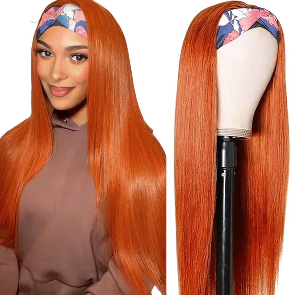 RitzWigs straight ginger orange headband wig on a model and mannequin head with a floral patterned headband