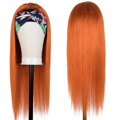 RitzWigs straight ginger orange human hair headband wig on a mannequin head with a floral patterned headband