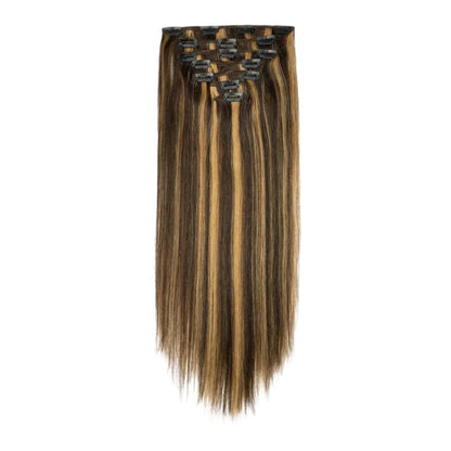 RitzWigs straight clip-in human hair extensions in brown and honey blonde highlights with double weft design.