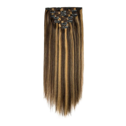 RitzWigs straight clip-in human hair extensions in a brown and honey blonde highlight colour with double weft design.