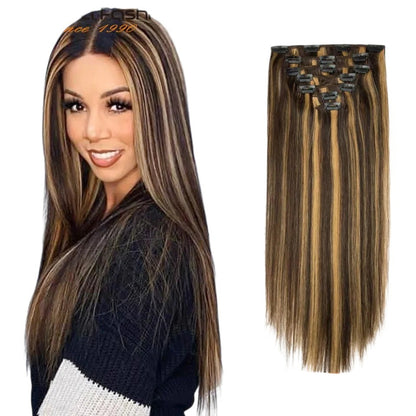 RitzWigs straight human hair clip-in extensions in P4/27 brown and honey blonde highlights for a natural look.