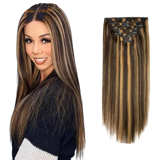 RitzWigs straight human hair clip-in extensions in P4/27 brown and honey blonde highlights for a natural look.