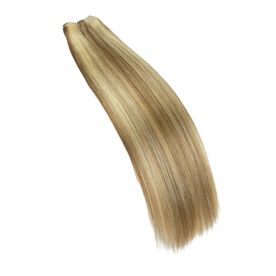 RitzWigs straight human hair bundle with P4/27 blonde and brown highlights, double drawn for a sleek finish.