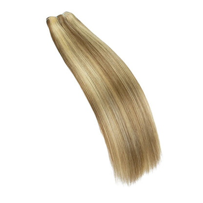 RitzWigs straight human hair bundle with P4/27 blonde and brown highlights, double drawn for a sleek finish.