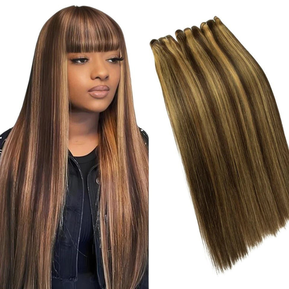 RitzWigs straight human hair weave bundles with P4/27 brown and blonde highlights and a model wearing the style