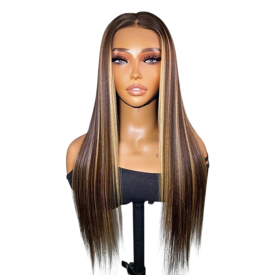 RitzWigs straight human hair wig with ginger and blonde highlights on a mannequin head, featuring a lace front.