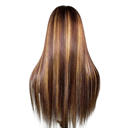 RitzWigs straight human hair wig with ginger orange and blonde highlights on a mannequin, back view.
