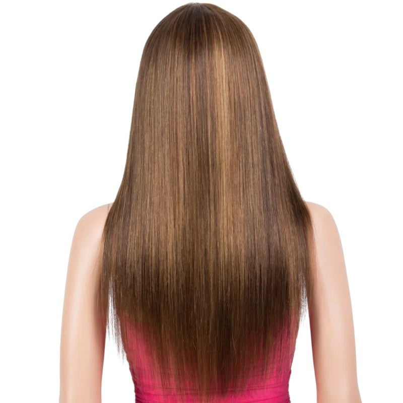 RitzWigs Rebecca Youth straight human hair wig with P4/30/27 highlights, shown from the back on a mannequin