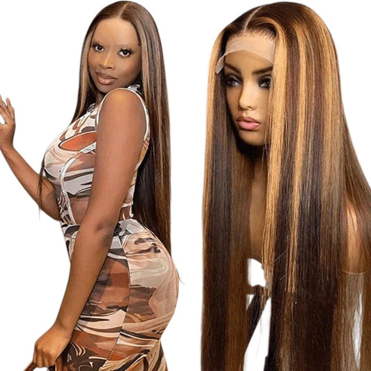 RitzWigs straight human hair wig with ginger orange highlights, middle part, and 13x5x1 lace front on a model.