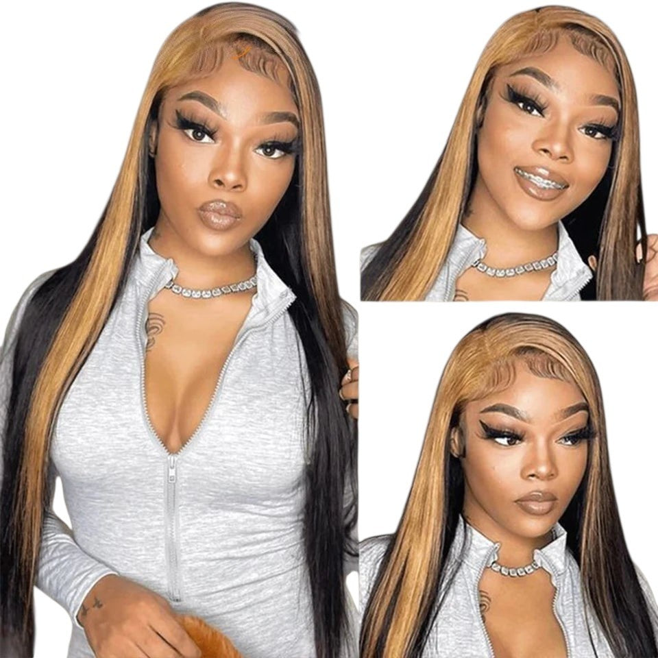 RitzWigs straight human hair lace front wig with blonde highlights on a model wearing a grey zip-up top