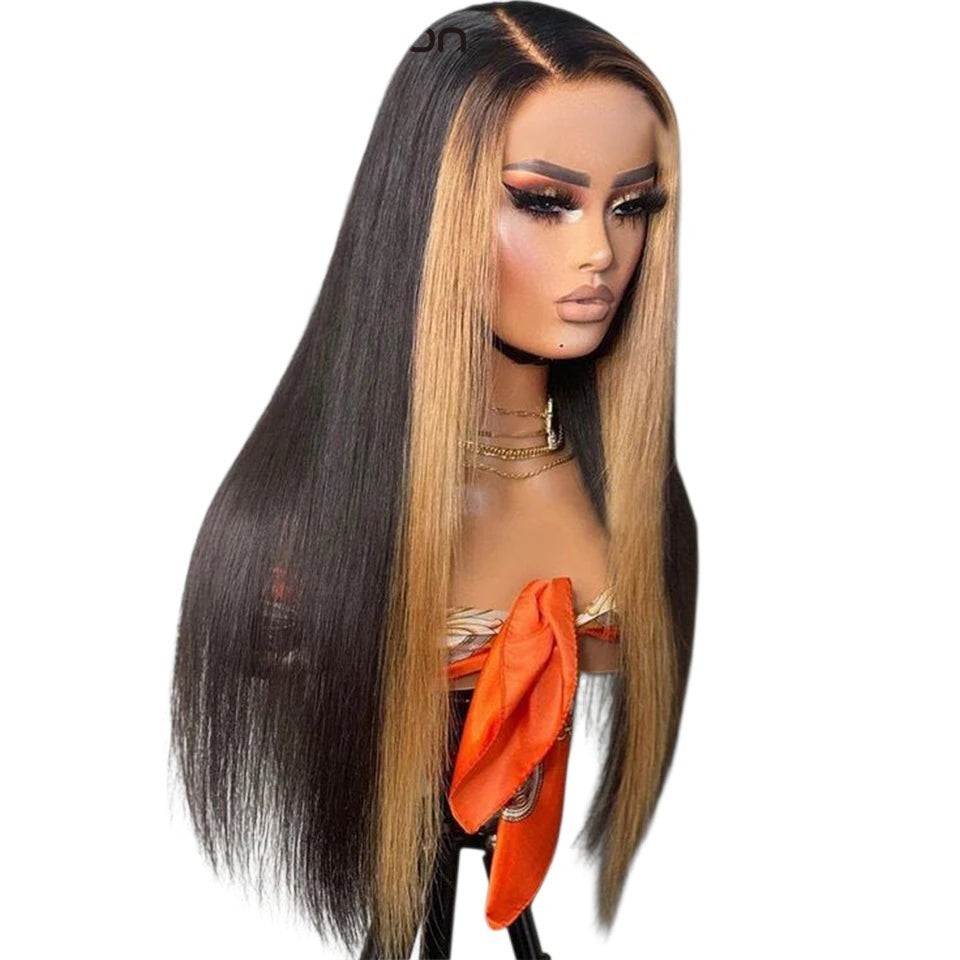 RitzWigs straight human hair lace front wig with dark roots and blonde highlight face-framing sections on a mannequin