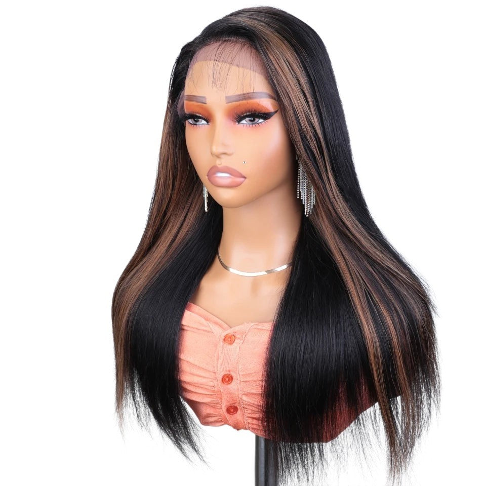 RitzWigs straight human hair lace front wig with brown highlights on a mannequin head