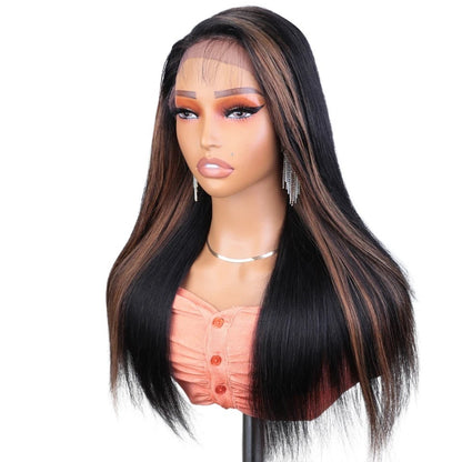 RitzWigs straight human hair lace front wig with brown highlights on a mannequin head