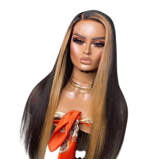 RitzWigs straight human hair lace front wig with blonde highlights on a mannequin head