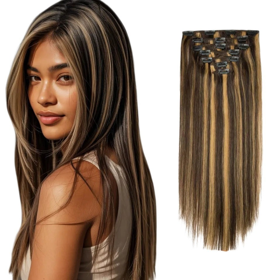 RitzWigs straight human hair clip-in extensions featuring honey blonde and dark brown highlights on a model