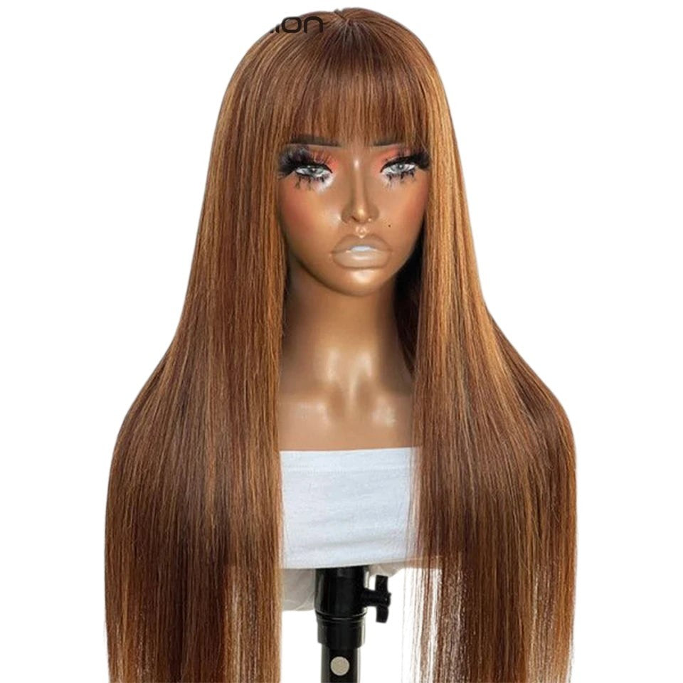 RitzWigs straight Brazilian human hair wig with bangs in a highlighted P4/30/27 brown tone on a mannequin head