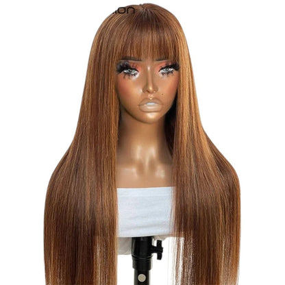 RitzWigs straight Brazilian human hair wig with bangs in a highlighted P4/30/27 brown tone on a mannequin head