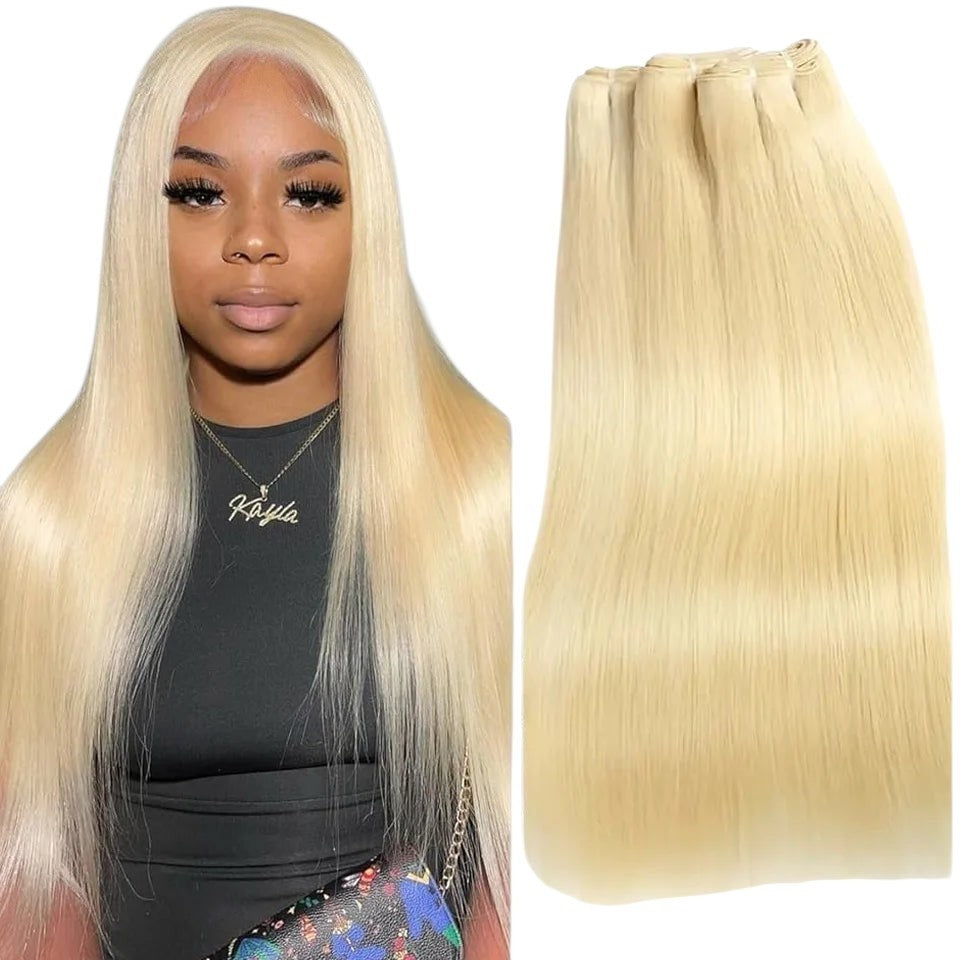 RitzWigs straight honey blonde human hair weave bundles with a natural look on a model