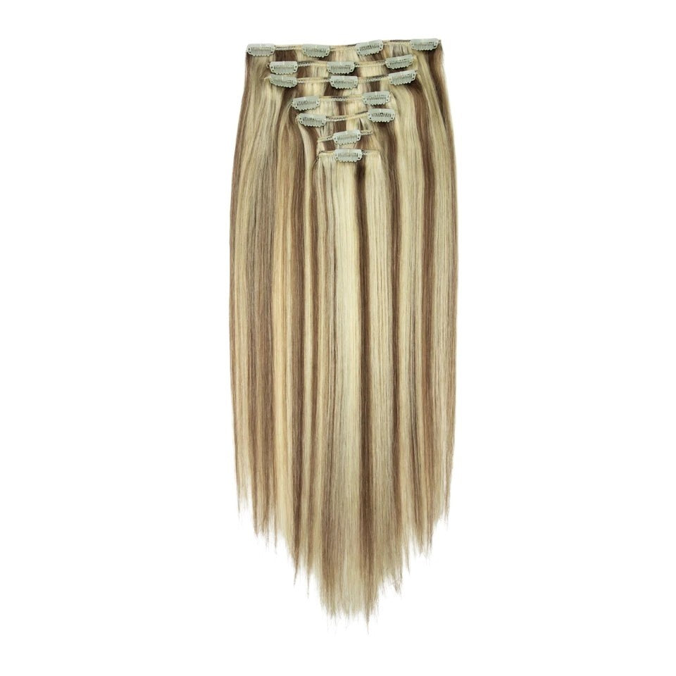 RitzWigs straight human hair clip-in extensions in a honey blonde highlighted colour, set of 7 pieces.